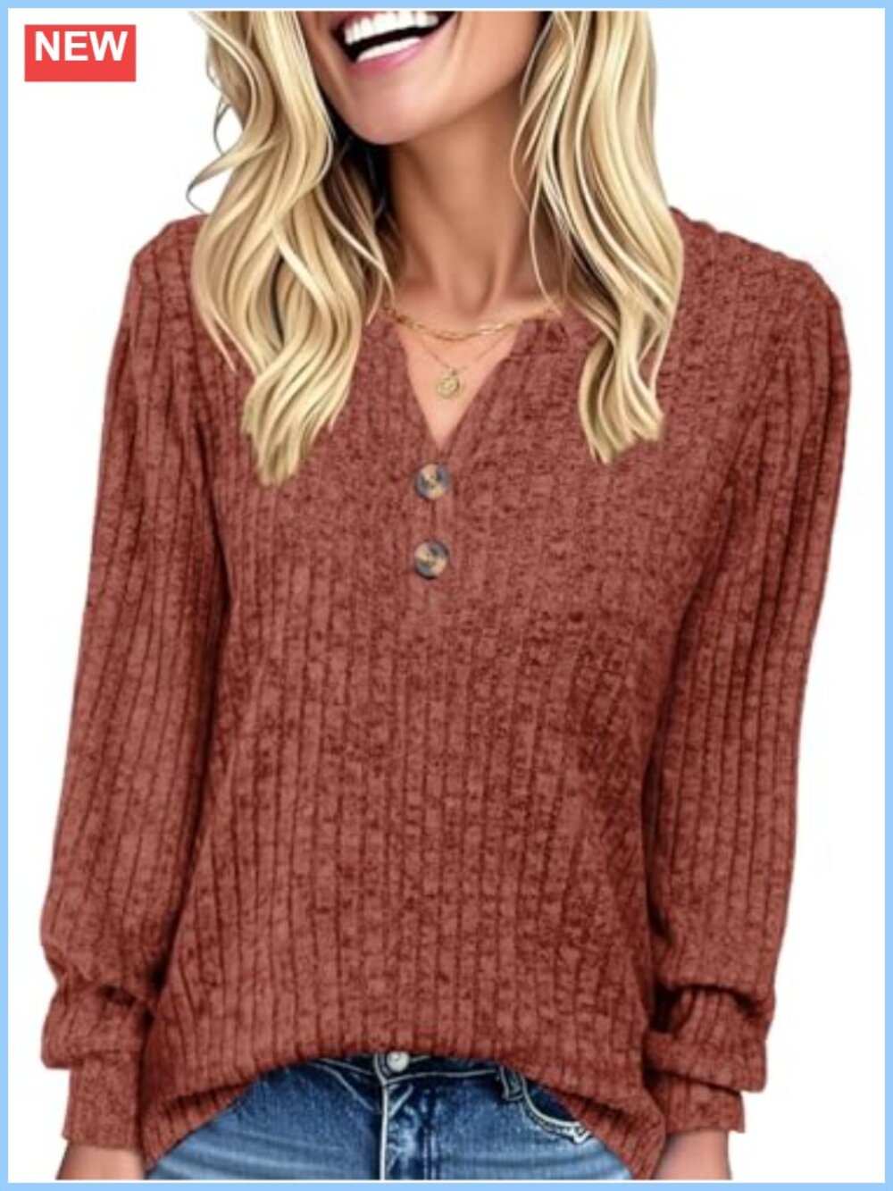 Women's Long Sleeve Henley Tunic Sweater Casual Fall V Neck Knit Pullover